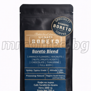 Пакет кафе на зърна Specialty coffee Signore Boreto Boreto Blend 200 г – черен плик със синьо-бежов етикет, дегустационни нотки